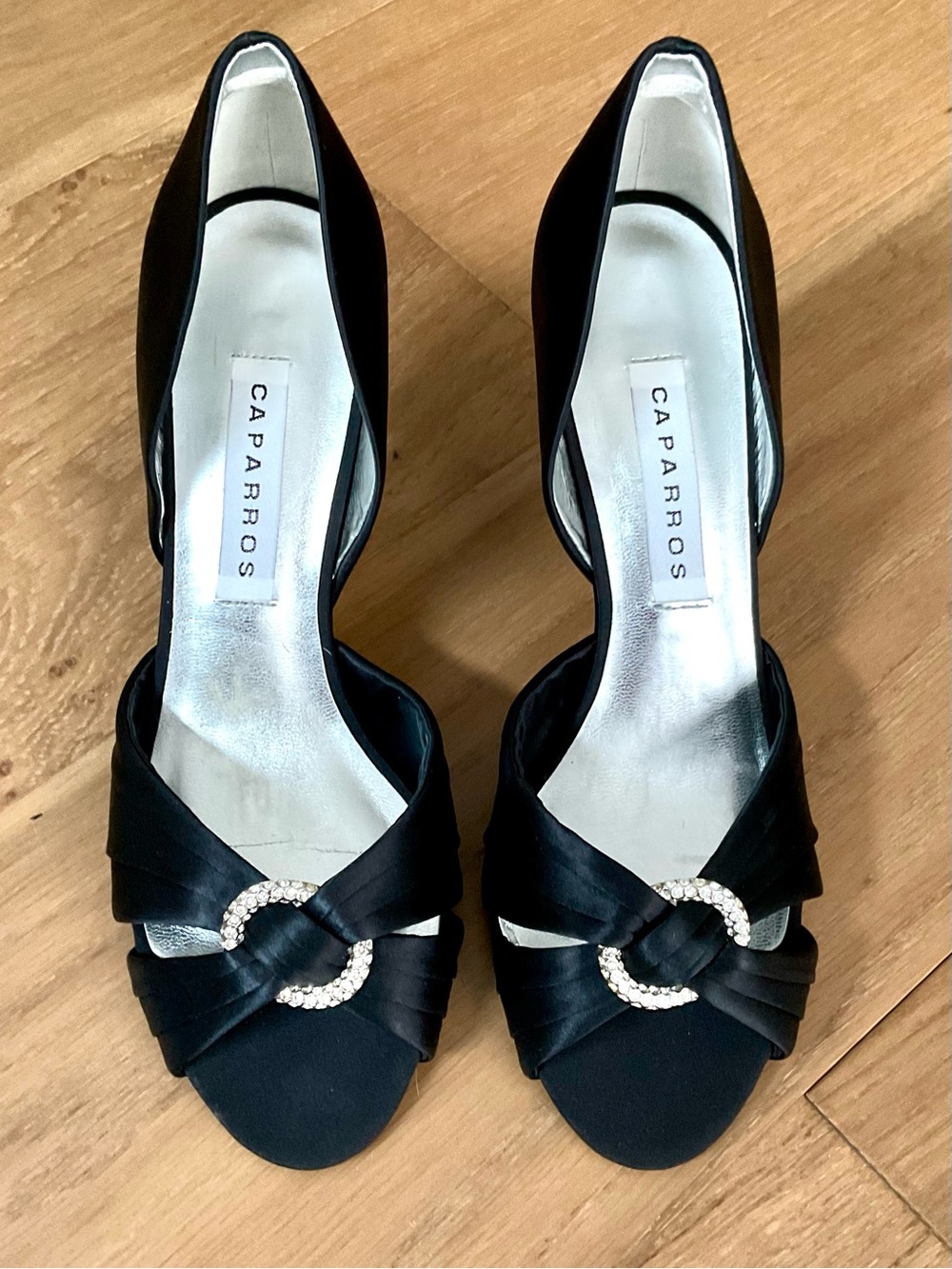 NWOT Caparros D'Orsay Peep Toe Heels Black Satin Rhinestone Ring 8.5 Formal Glam